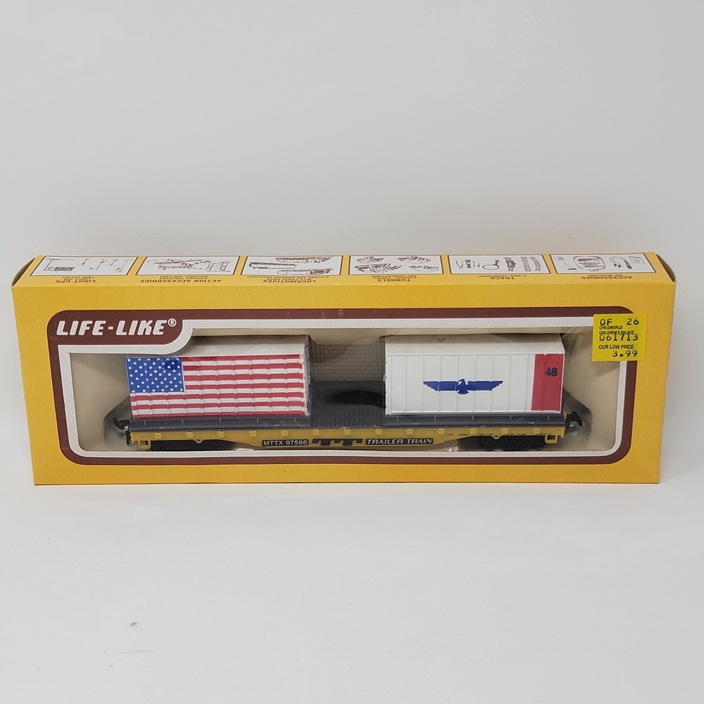 NOS Life-Like HO Scale Train  50' Trailer Flat Car + Two 20' Containers USA Flag